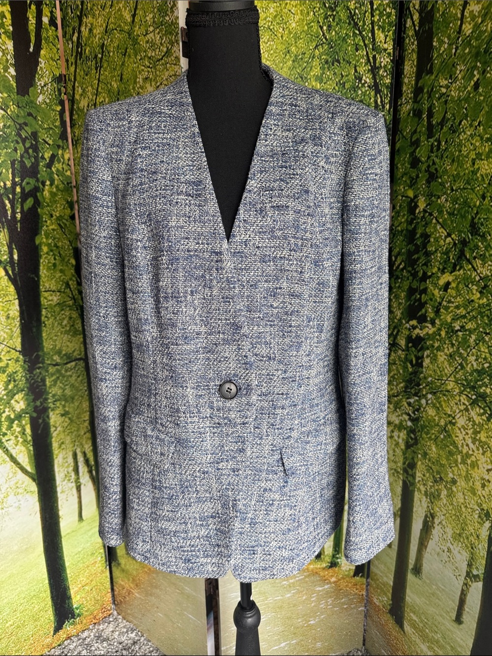 Lafayette 148 New York Blue White Tweed One Button Jacket Blazer Size 12